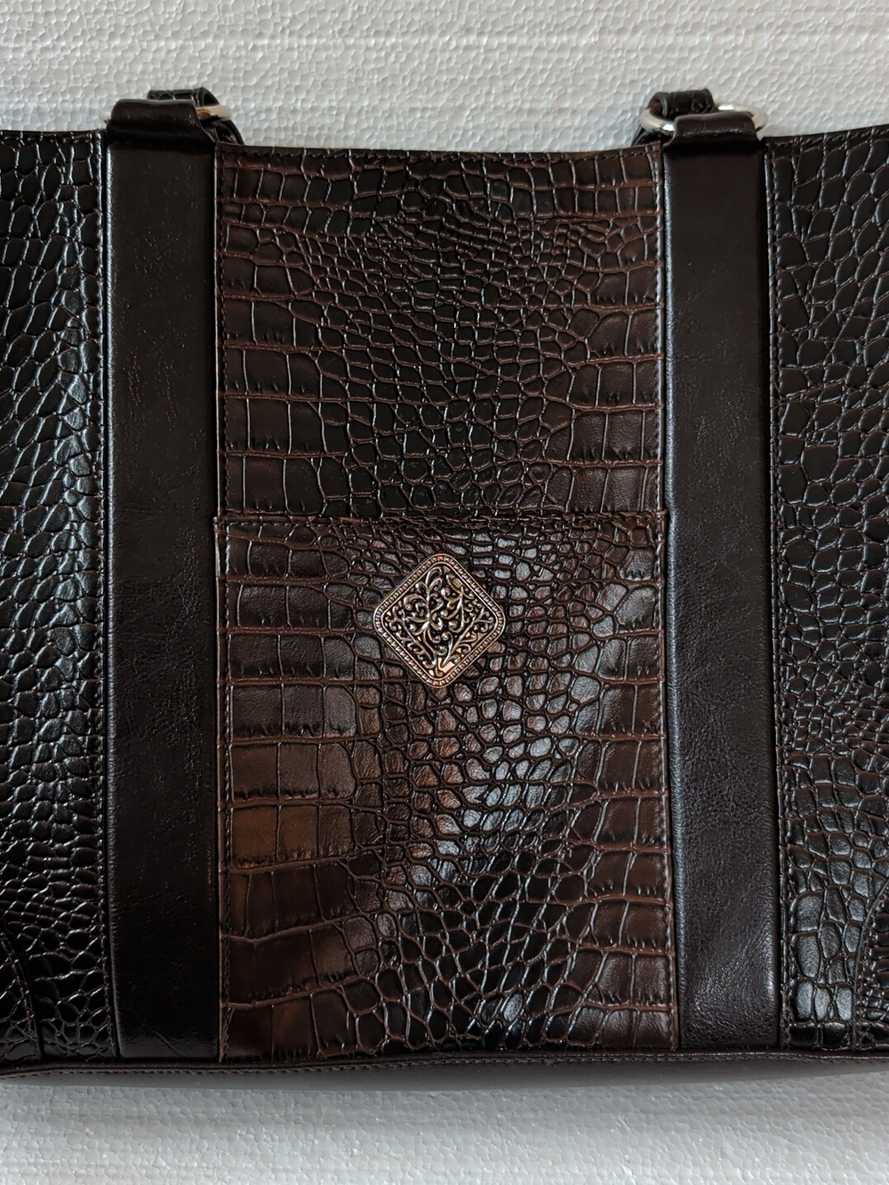 Coldwater Creek Brown Faux Crocodile Embossed Tote Briefcase Laptop Bag 16" X 11